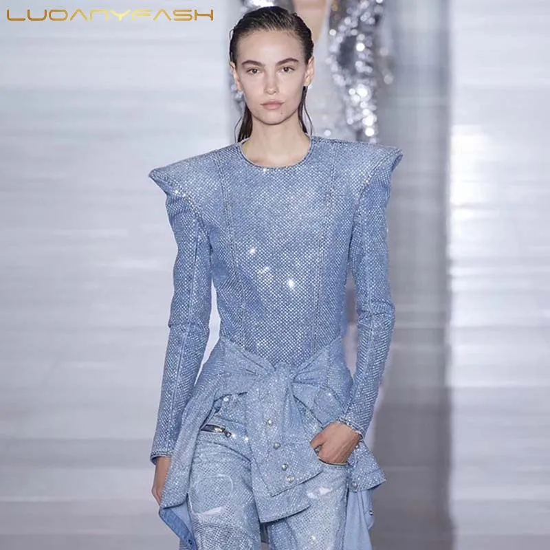 

Luoanyfash Diamond Denim Coat Tops Female Long Sleeve Back Zipper Blue Deinm Jacket Coats Women Fashion Clothes Korean 2019 New