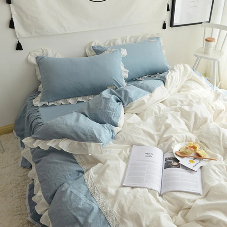 cheap Princess lace stitching washed cotton bedding no filler duvet cover set twin full queen king size ruffle bed skirt free shipping
