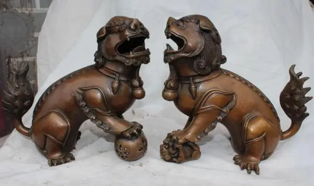 

S3207 7" Chinese Bronze Foo Fu Dog Lion Ball Kid Incense Burner Censer Pair Statue