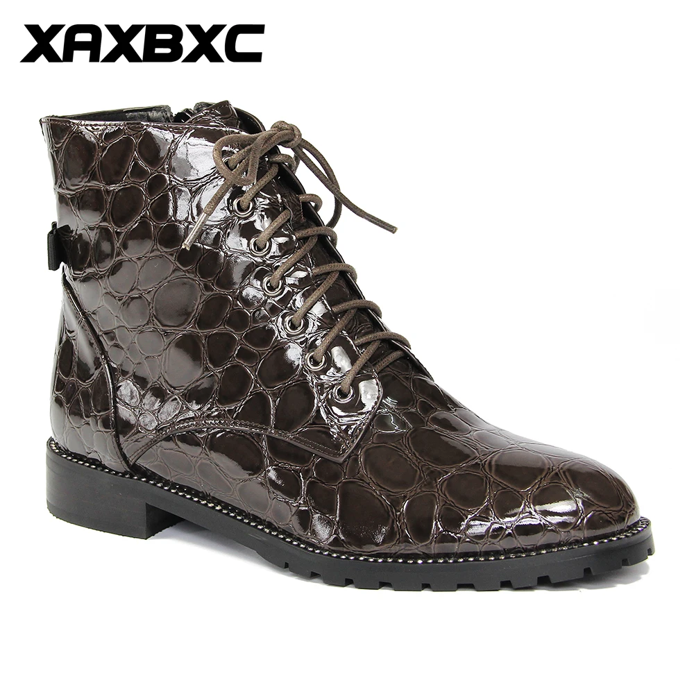 

XAXBXC 2018 Retro British Winter Brown Stone Texture Brogues Zip Short Ankle Boots Warm Women Boots Handmade Casual Lady Shoes