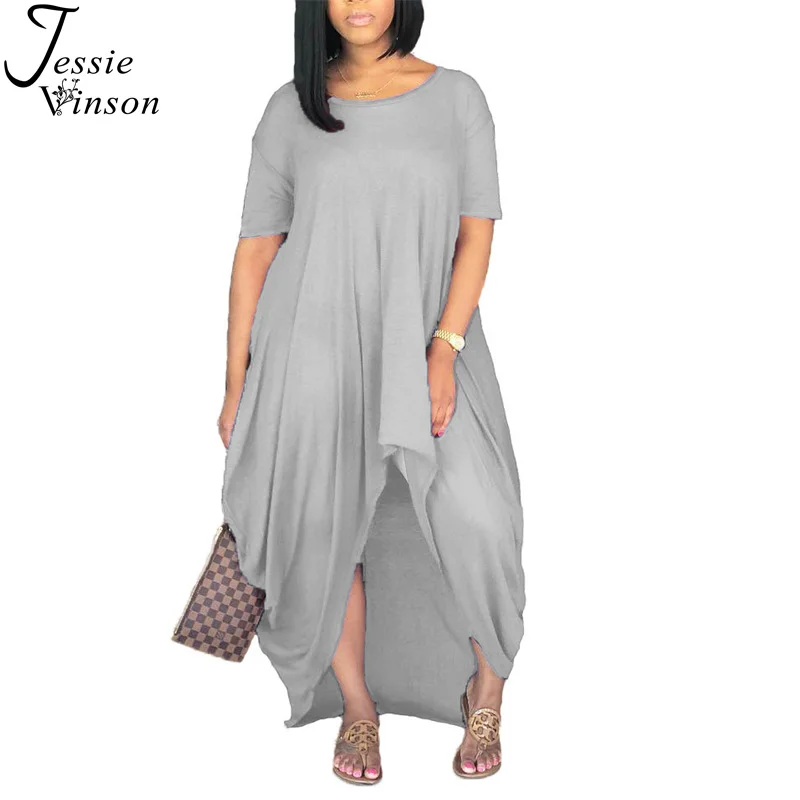 

Jessie Vinson Short Sleeve Solid Color Asymmetrical Long Maxi Dress Women Summer Casual Loose Irregular Long Dress Vestidos
