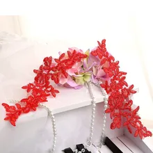 10Pcs 29x9cm Red Lace Applique Floral Embroidered Lace Trim For Sewing Wedding Dress Veil Head Accessories eyelet lace detail floral embroidered applique dress