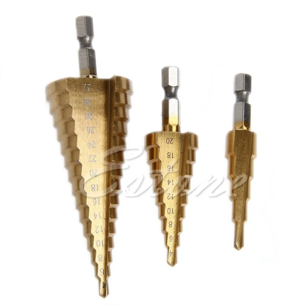 

3Pcs HSS Step Drill Bit Set Titanium Coated Drill Bit Set Drill Hole 1/4" Shank 4-32mm 4-20mm 4-12mm With Bag MAR13_35