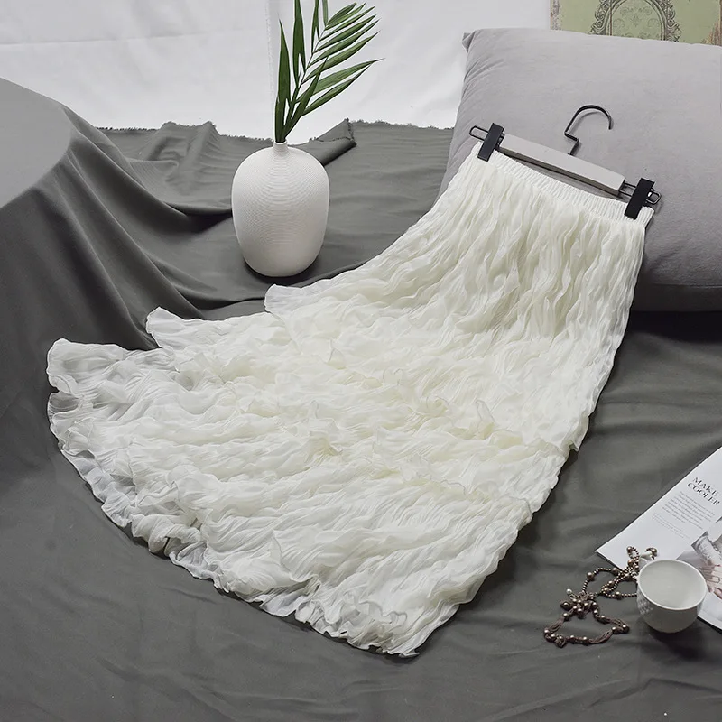 

2019 Spring New Arrival Korean Style Three Ruffles Layer Skirt High Waist Fluffy Bubble Yarn Fairy Pleated Skirt Free Shipping