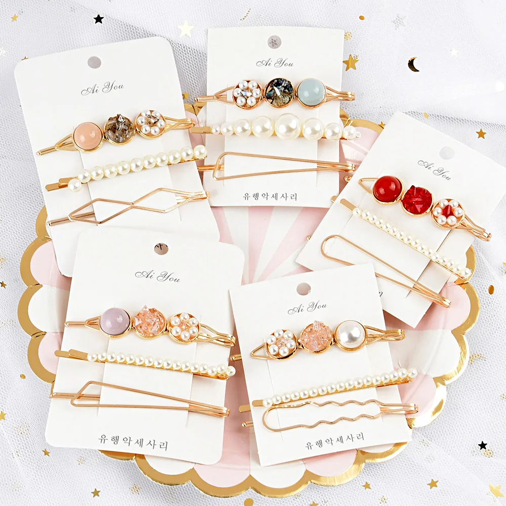 

New 3PCS/Set Cute Pearl Geometric Alloy Hairpins Women Girls Sweet Barrette Hair Clip Headwear Headband Fashion Hair Accessories