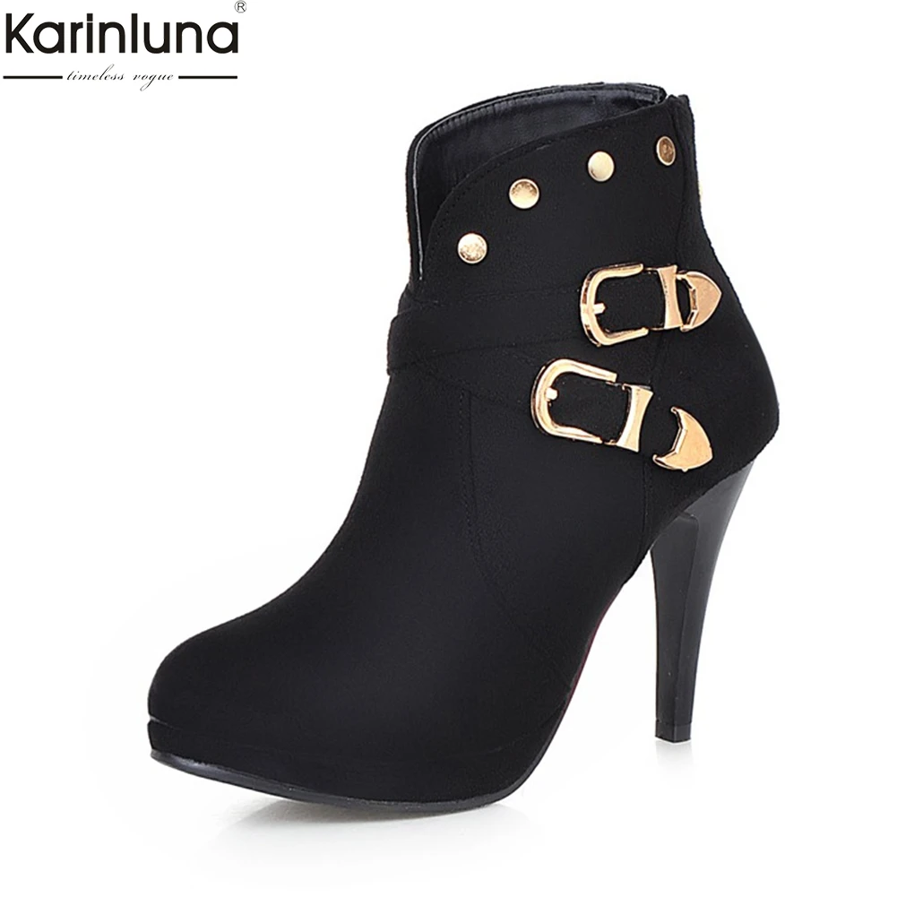 

KARINLUNA 2018 dropship large Size 31-43 Ankle Boots Woman Shoes fashion high heel buckle add fur winter women shoes party boots