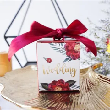 

free shipping flowers design wedding paper gift boxes with red ribbon ,6*6*7cm ,HT01