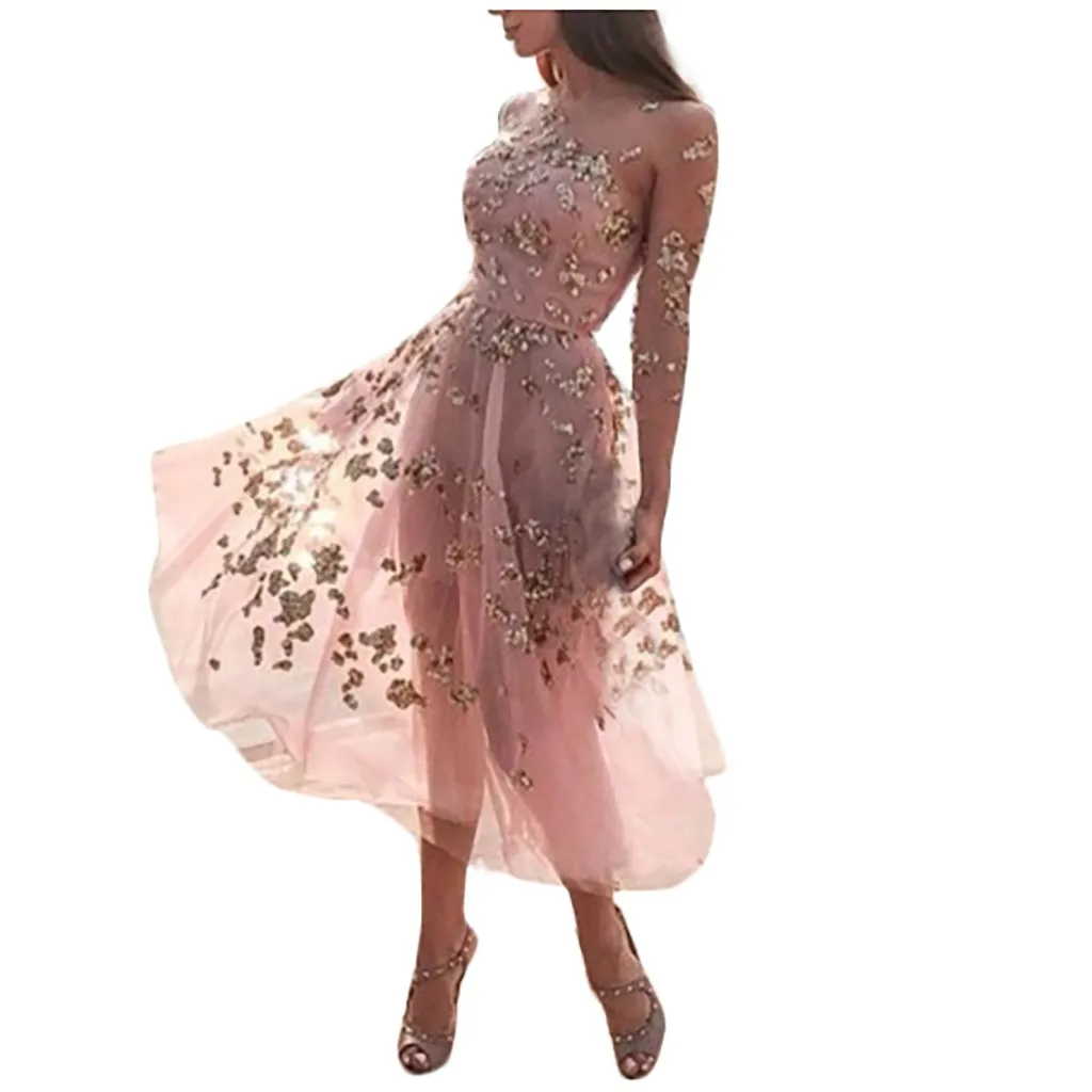 

Solid color pink party dress Women's crystal lace Medium Waist Bandage Flower lrregular Long Sleeve Mini Party Beach Dress #ZE6