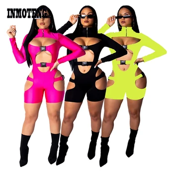 

INMOTENG Women New Cut Out Sexy Zipper Up Skinny Buckle Splicing Short Jumpsuit Sporting Beach Active Wear Playsuit Romper S-XL
