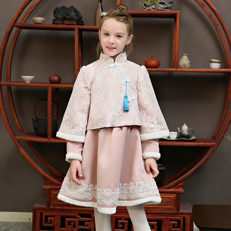 

Marfoli girls cheongsam thickening Prom 2018 winter Princess girls catwalk short dress skirt pink Chinese style guzheng costumes