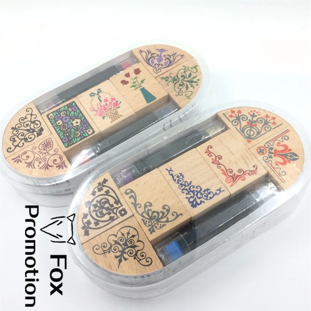 

7pc/SET with 2 ink pen Assorted Vintage Floral Flower Pattern Wooden Rubber Stamp Scrapbook DIY Floral Lace Decoration Stamp