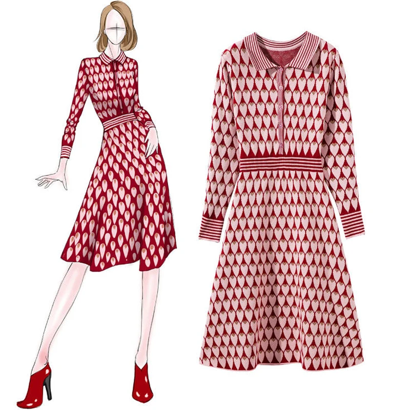 

New 2018 Spring Autumn Female Elegant Hearts Patterns Turn down Collar Dress Vestidos Women Long Sleeve Knitted Dresses JC2126