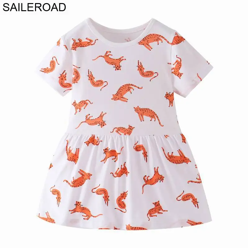 

SAILEROAD 2 to 7Years Summer Girls Dress Animal Print Children Shorts Sleeve Kids Party Dresses Girls Vestido for Cotton