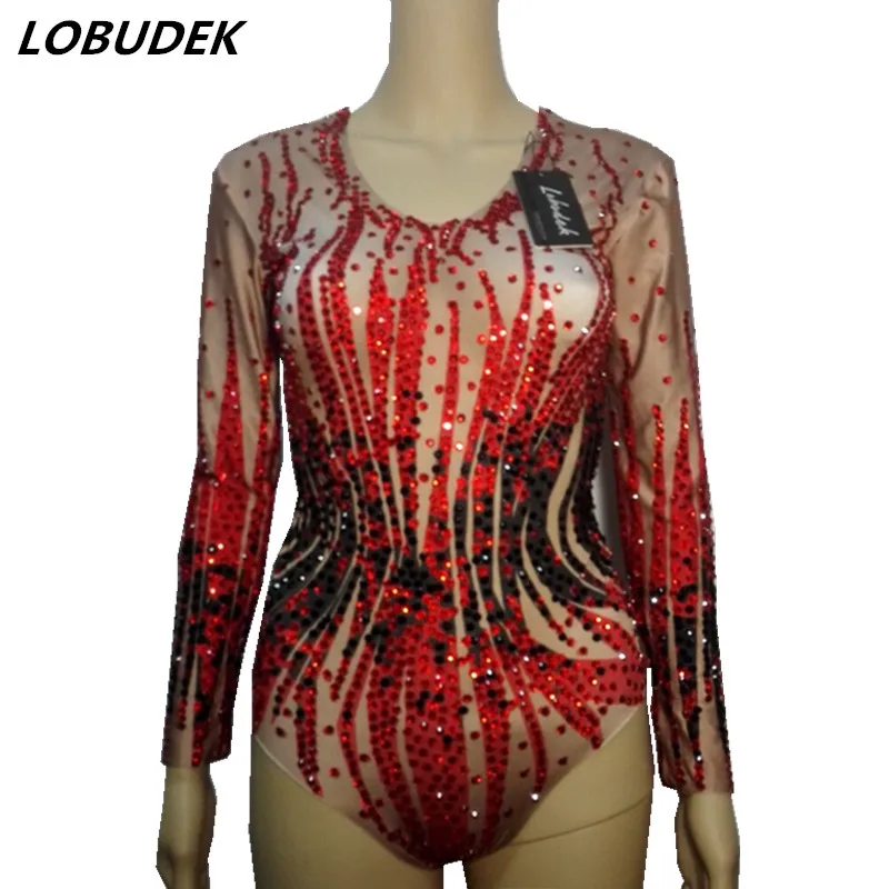 

Sexy Bar female costumes bodysuit nightclub red rhinestones Bright Crystals Catsuit outfit Singer dancer performance stage wear