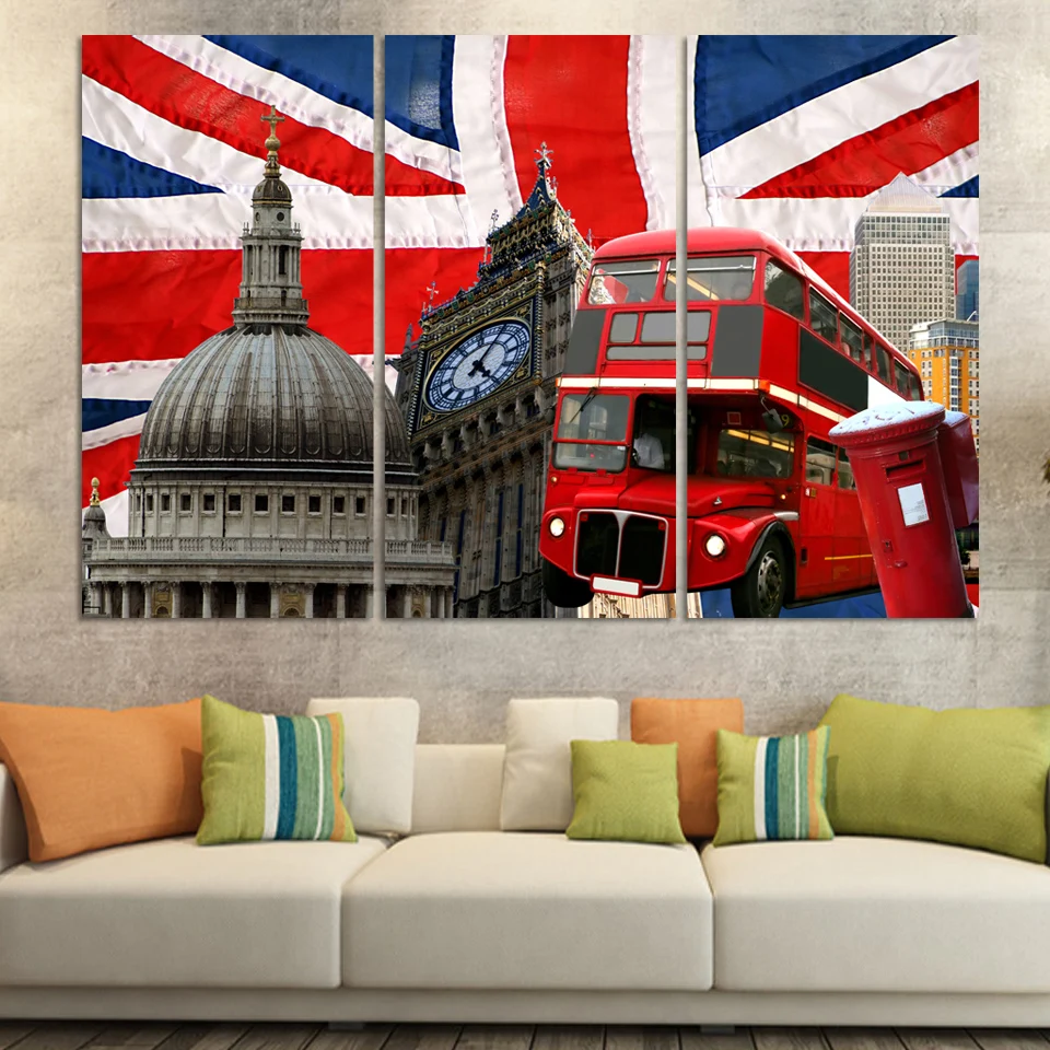 

New design pictures! Free shipping 3panel of British double decker bus for baby Room decoration without frame F289