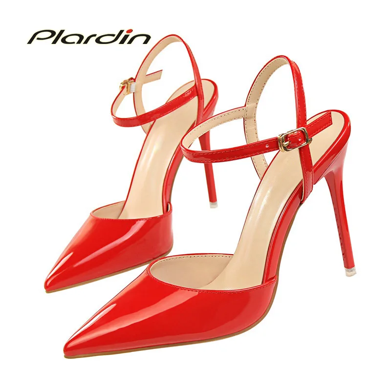Plardin Women Concise Fashion Ankle Strap Shoes Woman Pointed Toe Thin Heels women's Buckle Slingbacks Pumps High Heels