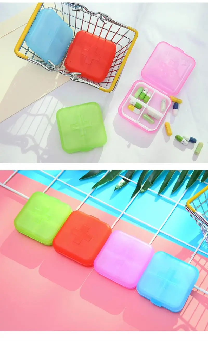 1pc Mini Storage Portable Cross 4 Grid Sealed Home Small Pill Box Medicine Case