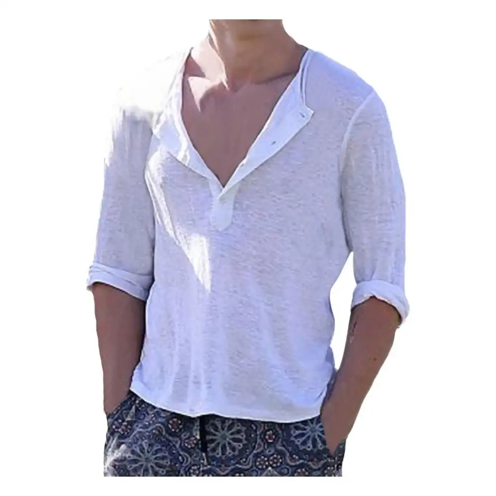Мужские повседневные Рубашки, Топы, мужская летняя Модная приталенная рубашка на пуговицах с v-образным вырезом и коротким рукавом, топ, блуза Harajuku, блузка без воротника - Цвет: Белый