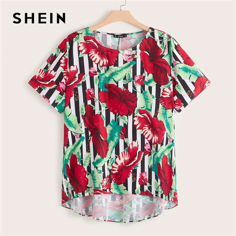 SHEIN زائد حجم متعدد الألوان غير المتكافئة تنحنح الاستوائية و شريط طباعة بلوزة 2019 الصيف بوهو الأزهار الخيوط الطويلة البلوزات قميص