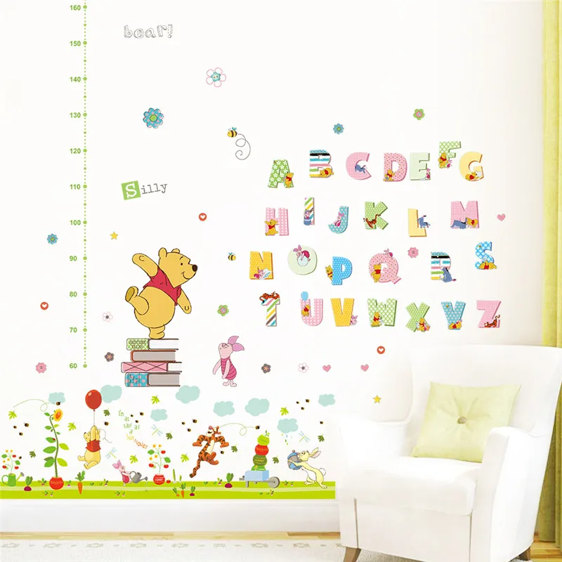 Мультфильм Винни Пух домашний декор высота измерения наклейки на стену DIY МУРАЛ с изображением алфавита для детской комнаты спальни школы наклейка