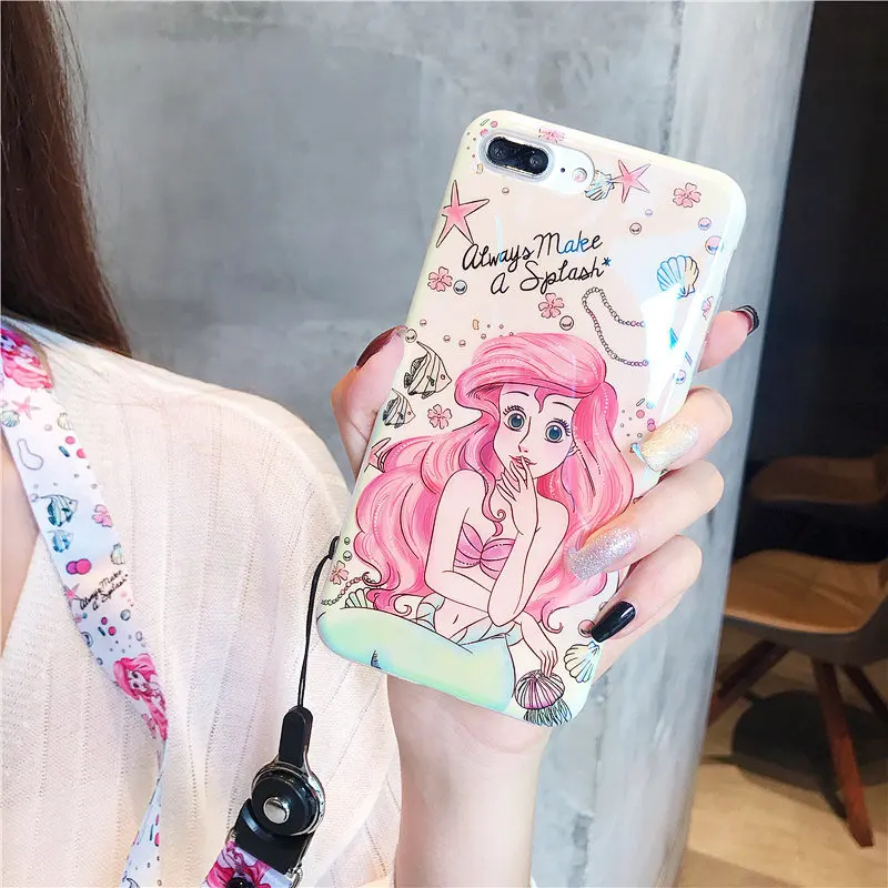 

For iPhone 8 7Plus X XR XS Max 6 6S plus Blue-ray Soft TPU Cover with Phone Lanyard Mermaid Princess Pattern IMD Phone Case