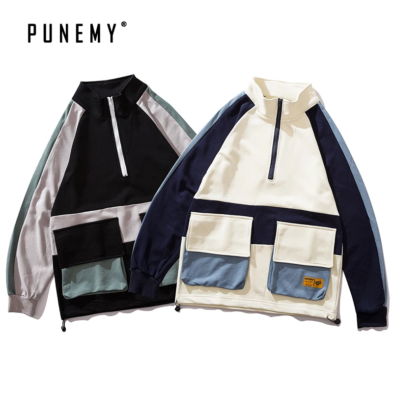 

Men Hoodies Multi-pockets Patchwork Sleeve Striped Stand-Collar Hip Hop Steetwear Harajuku Cotton K-POP Hoody for Man's Hoodies