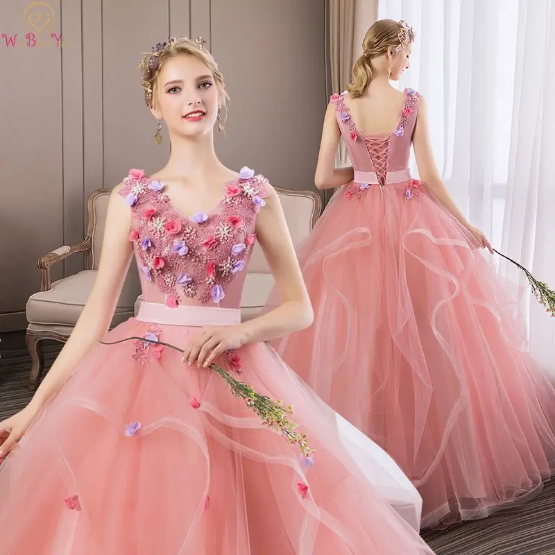 

Romantic Quinceanera dresses 2019 New Appliques Flowers Ball Gown V Neck Sleeveless Pink Party Prom Formal Tulle Robe De Soiree