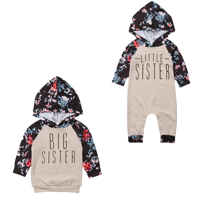 Baby Girl Sister Matching Floral Clothes Long Sleeve Floral Bodysuit Hooded Sweatshirts Top Kids Jumpsuit Romper Outfit