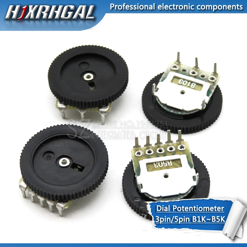 

50pcs Double Gear tuning potentiometer B102 B103 B203 B503 B1K B10K B20K B50K 3Pin/5Pin 16*2mm Dial Potentiometer hjxrhgal