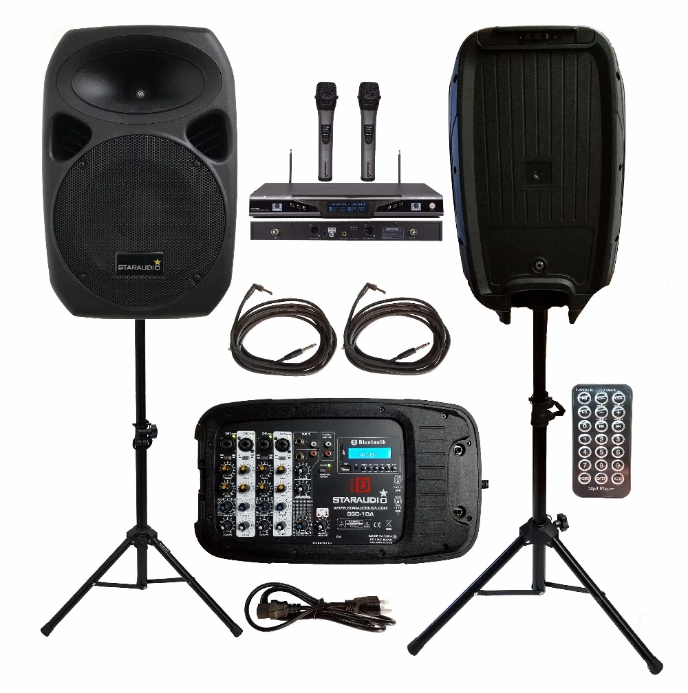 Staraudio 2 unids 10 "1500 W pa DJ Club etapa BT SD Altavoces 2CH Inalámbrico UHF Micrófonos Soportes mezclador de potencia SSD 10A|speaker speaker|w speakerswireless speaker - AliExpress