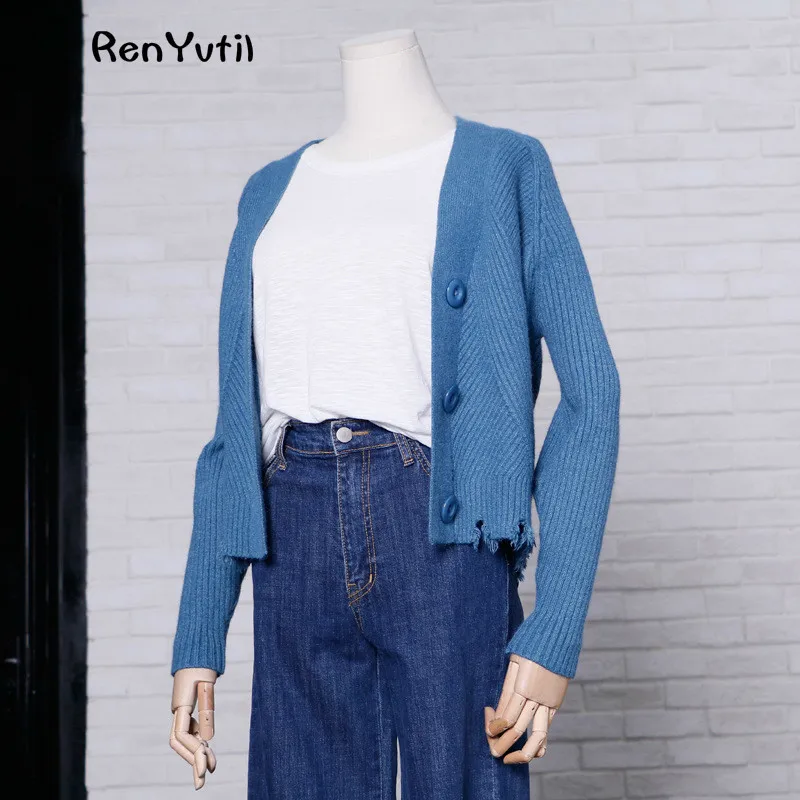 RenYvtil הקצוץ קרדיגן הקצר קרדיגן V צוואר שרוול ארוך כותנה דק סוודרי אביב סריגי feminino מעיל מושך בכתפיים לנשים