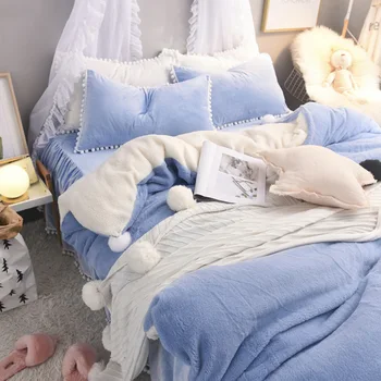

Small balls Bedding set WINTER Cashmere bed skirt pillowcase&duvet cover set Camel Fleece bed set reversal crystal bed linen set