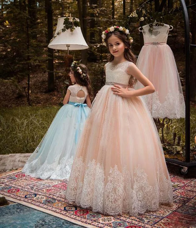 

Sparkly crystals rhinestones beading flower girl dress Light blue holy the first communion dresses keyhole back princess outfit