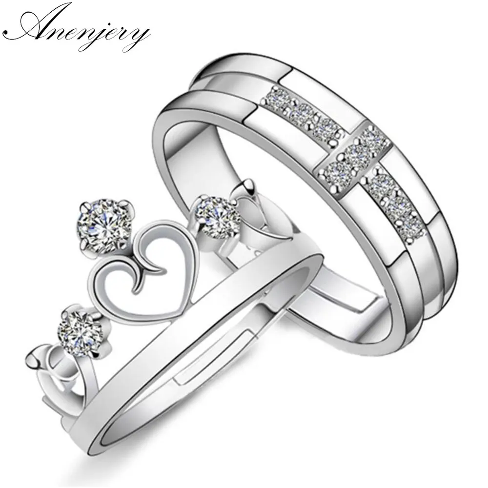 

Anenjery 925 Sterling Silver Wedding Rings Crown Cross Crystal CZ Opening Rings Anel Valentine's Day bague femme S-R21