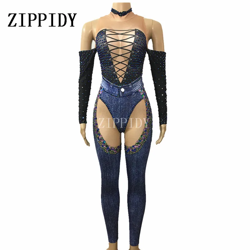 

Blue Jeans Rhinestones Jumpsuit Sexy Denim Printed Costume Bling Women's Sexy Sequins Bodysuit Rompers Female Prom Outfit