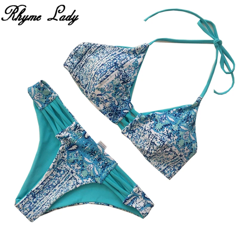 Rhyme Lady Bikini New Non Detachable Swimwear Low Waist Swimsuits Women Print Bathing Suit Cross Backless