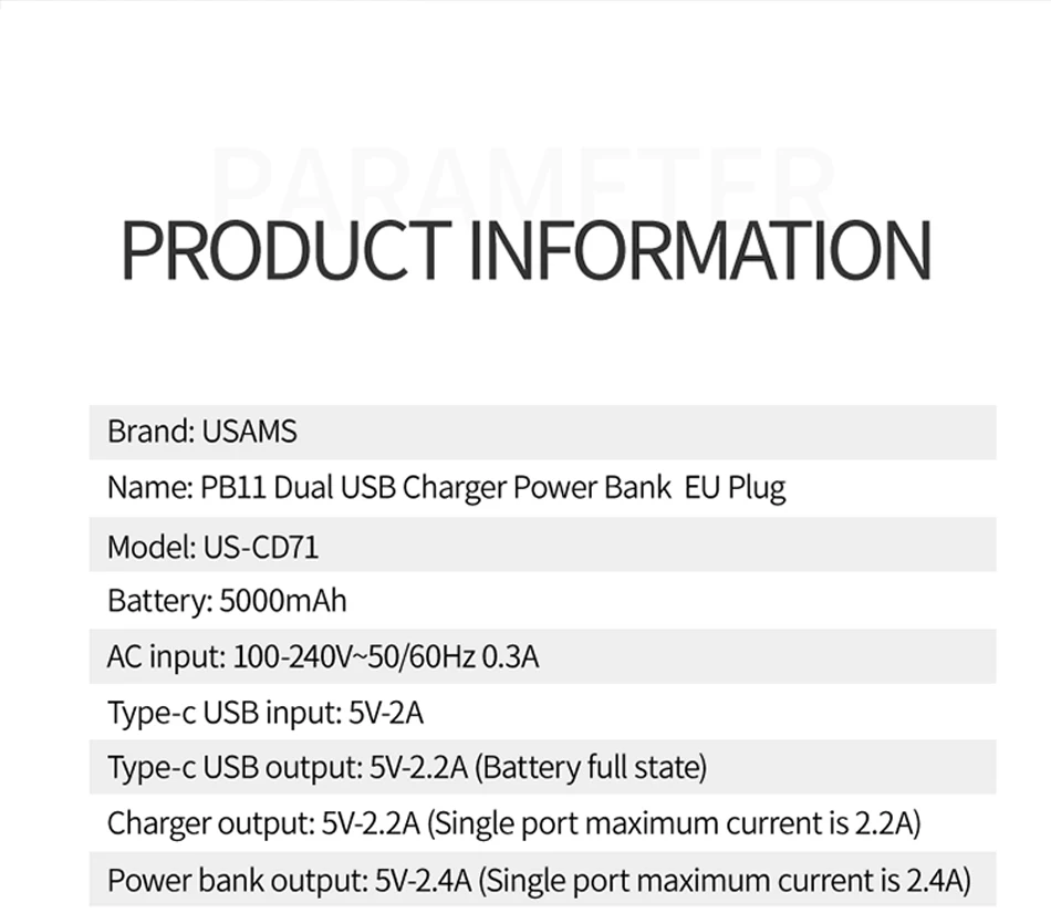 USAMS 2 в 1 USB зарядное устройство power Bank 5000 мАч Автоматическое отключение питания быстрая зарядка внешний аккумулятор Двойной USB внешний аккумулятор EU/US складная вилка