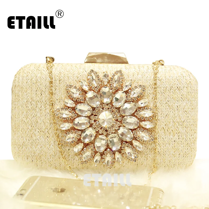 

ETAILL Luxurious Diamond Floral Summer Straw Day Clutches Ethnic Bohemian Weaving Clutch Bags Beach Fresh Evening Crossbody Bag