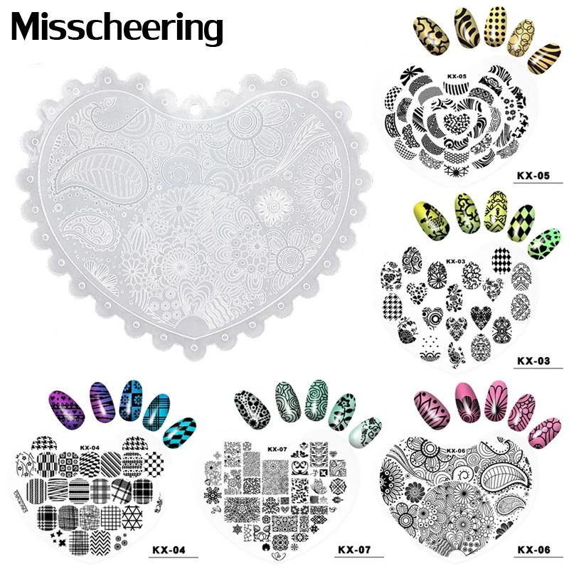 1 шт сердце ногтей штамповки пластины изображения пластины трафарет штамп пластик DIY Дизайн ногтей маникюрный шаблон инструменты для ногтей 10 видов конструкций варианты