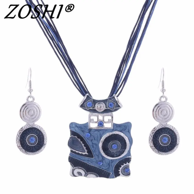ZOSHI Enamel Geometry Pendant Necklace Earring Sets Multilayer Ropes