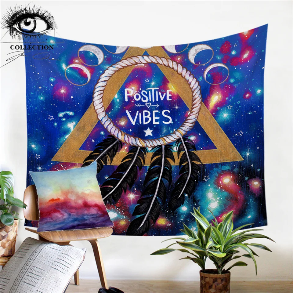 Billige Positive Vibes Mond durch Pixie Kalte Kunst Wand Hängen Galaxy Tapisserie Dreamcatcher Eclipse Wand Teppich Geometrische Wohnkultur 150x200