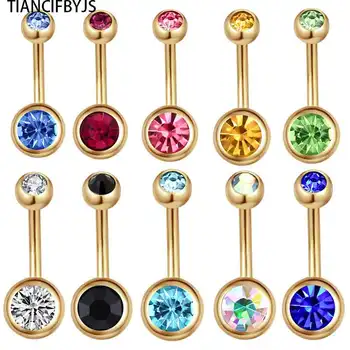 

TICNCIFBYJ Stainless Steel Gold Silver Black Piercing Banana Bar Body Jewelry Belly Rings Navel Button Ring Double Gem 100pcs
