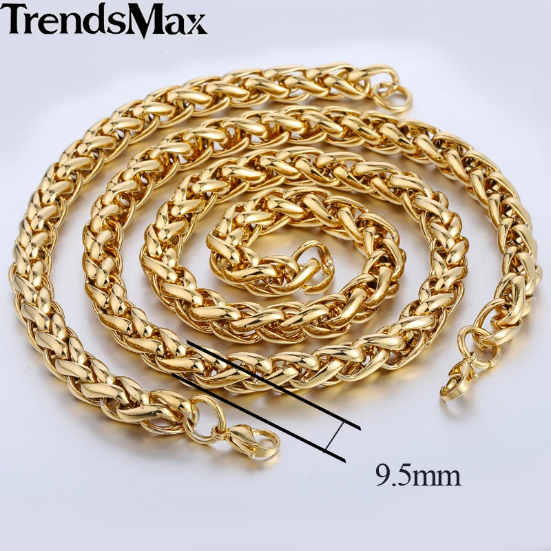 Trendsmax Brand Jewelry Set 9.5mm Gold-color Wheat Braided Link Stainless Steel Necklace Bracelet Mens Girls Chain Fashion KS215