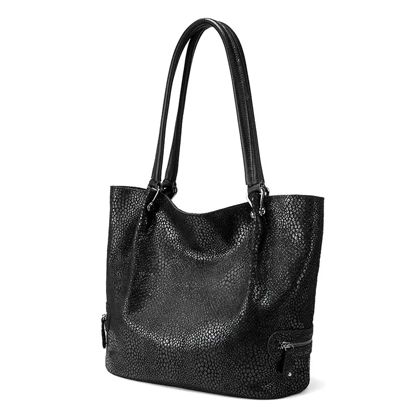 REALER натуральная кожа сумка женская на плечо, сумка дамская с короткими ручками, большая сумка мешок модного стиля для женщин - Цвет: Черный