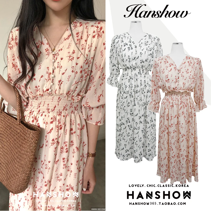 

Slim Waist V Neck Ruffles Dress Chiffon Summer Floral Print Buttons Dress Robe Femme Vestido Mujer Vestiti Donna Kawaii