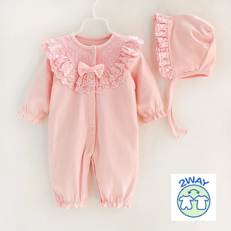 Осенне-зимний хлопковый кружевной комбинезон для маленьких девочек, комбинезон Rompe с кепкой, белый, розовый детский спальный мешок, Одежда для новорожденных, 3 м, 6 м, 9 м - Цвет: pink a