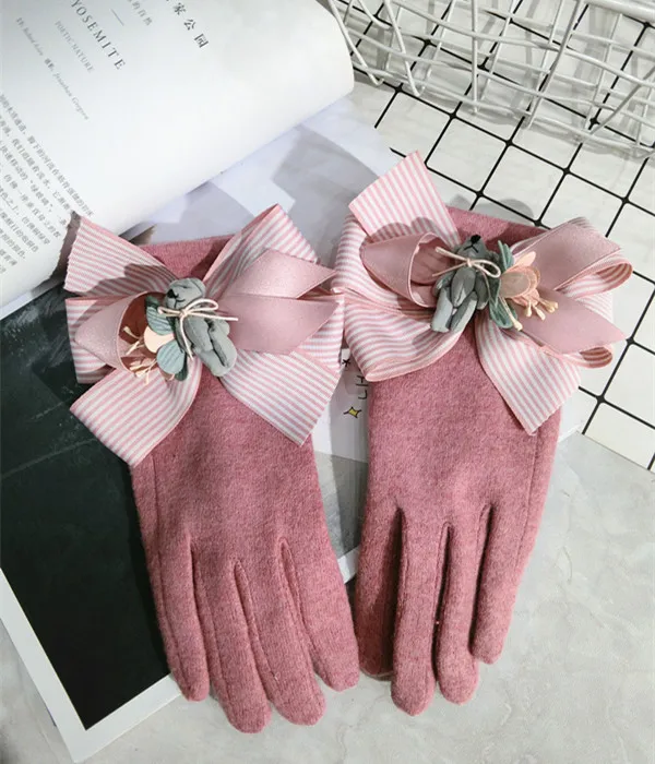 Новый корейский сенсорный экран Перчатки шерсть с бантом теплые вязаные женские цветок кашемир Весна Зима Перчатки толстые розовый черный