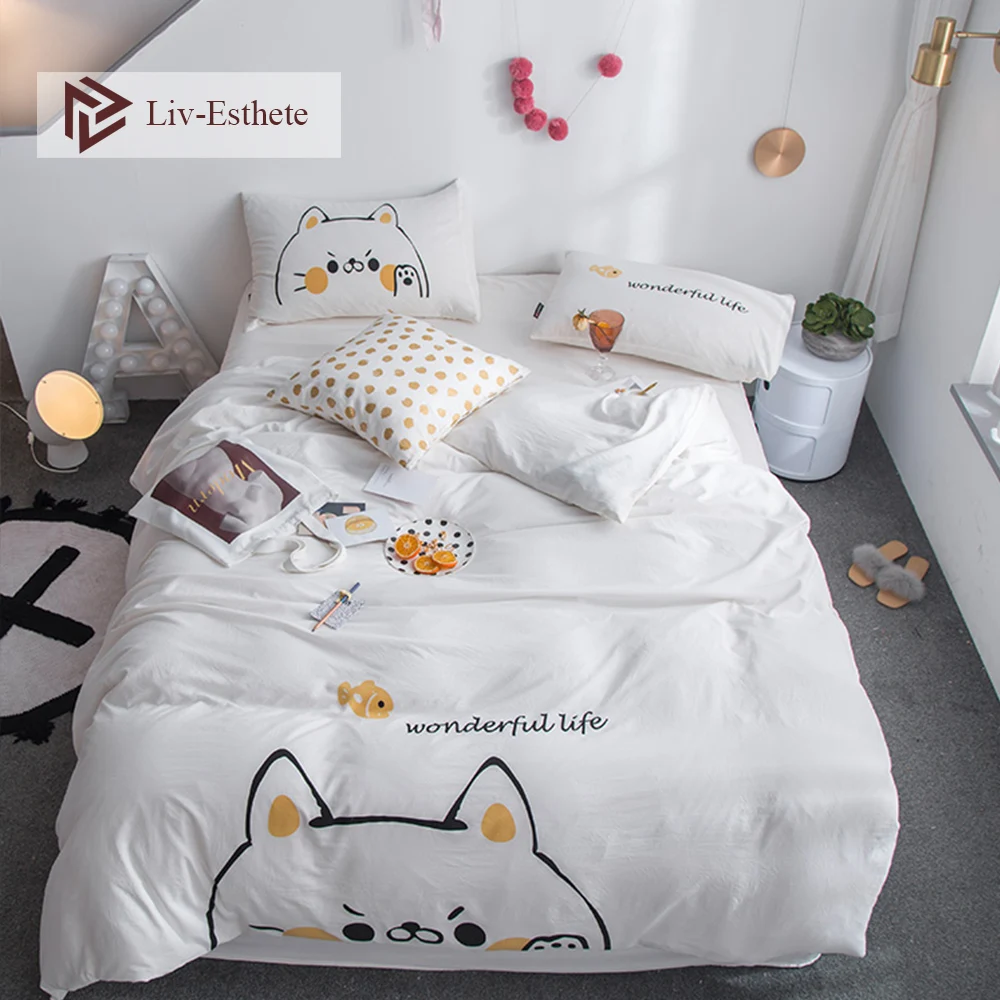 

Liv-Esthete Fashion Cute Kids Cartoon Bedding Set Pink Duvet Cover Flat Sheet Pillowcase Double Queen King Bed Linen Home Set