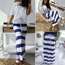 Женская синяя и белая эластичная длинная юбка макси с завышенной талией, пляжная одежда, повседневные Элегантные полосатые винтажные юбки Boho Sofe