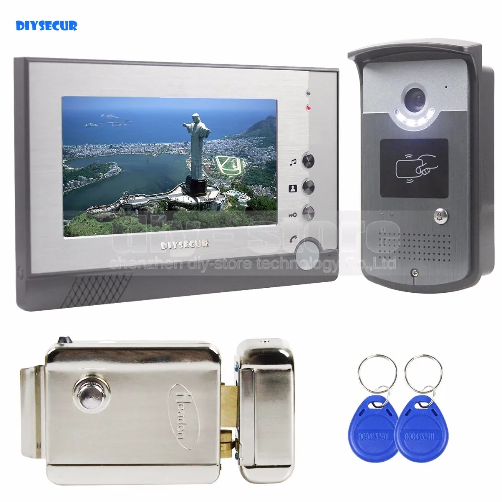 DIYSECUR Electric Lock 7 inch Color Video Door Phone Visual Intercom Doorbell Card Key Reader RFID LED Night Vision Camera 1 V 1 DIYSECUR Electric Lock 7 inch Color Video Door Phone Visual Intercom Doorbell Card Key Reader RFID LED Night Vision Camera 1 V 1